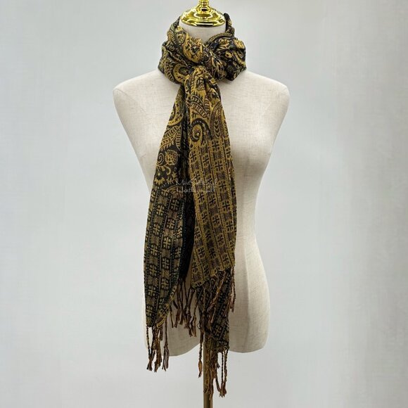 Vintage Paisley & Geometric Pattern Scarf/Shawl w/ Fringe Viscose Made In India - Picture 2 of 5